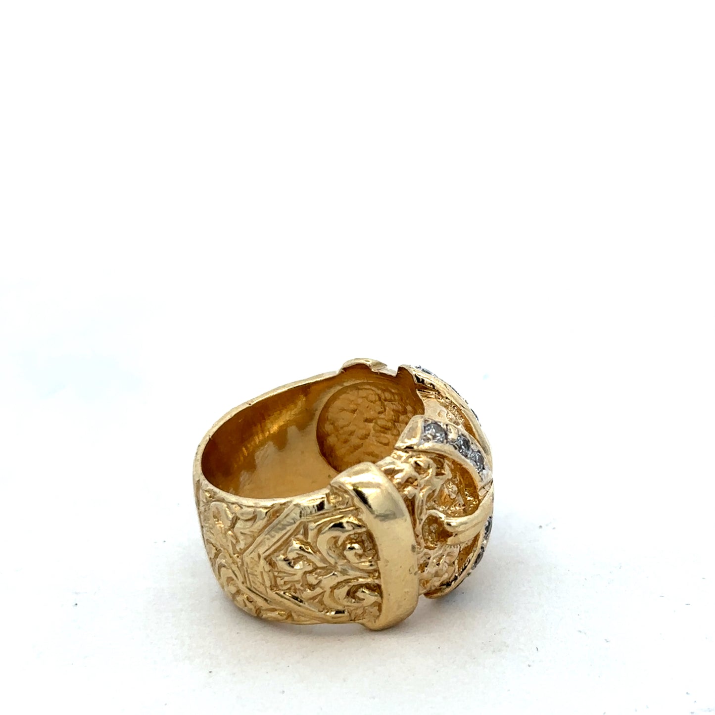 9ct yellow gold buckle ring in size Y by Reeves and Sons, featuring a polished buckle design and smooth band.