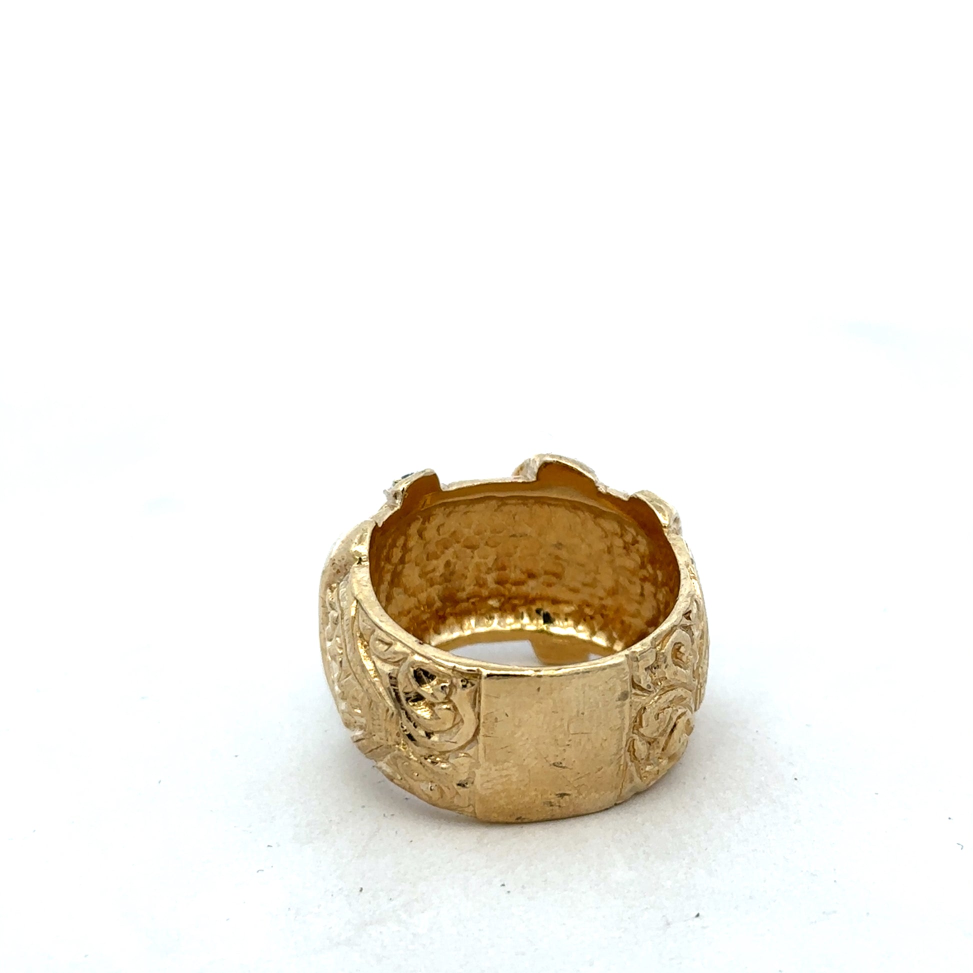 9ct yellow gold buckle ring in size Y with engraved details, displayed on a neutral background.