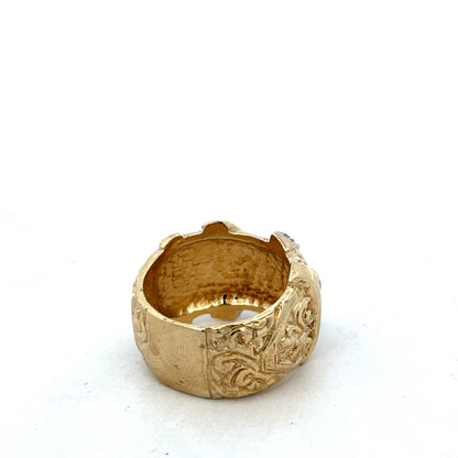 9ct yellow gold buckle ring in size Y by Reeves and Sons, featuring a detailed buckle design on a polished band.