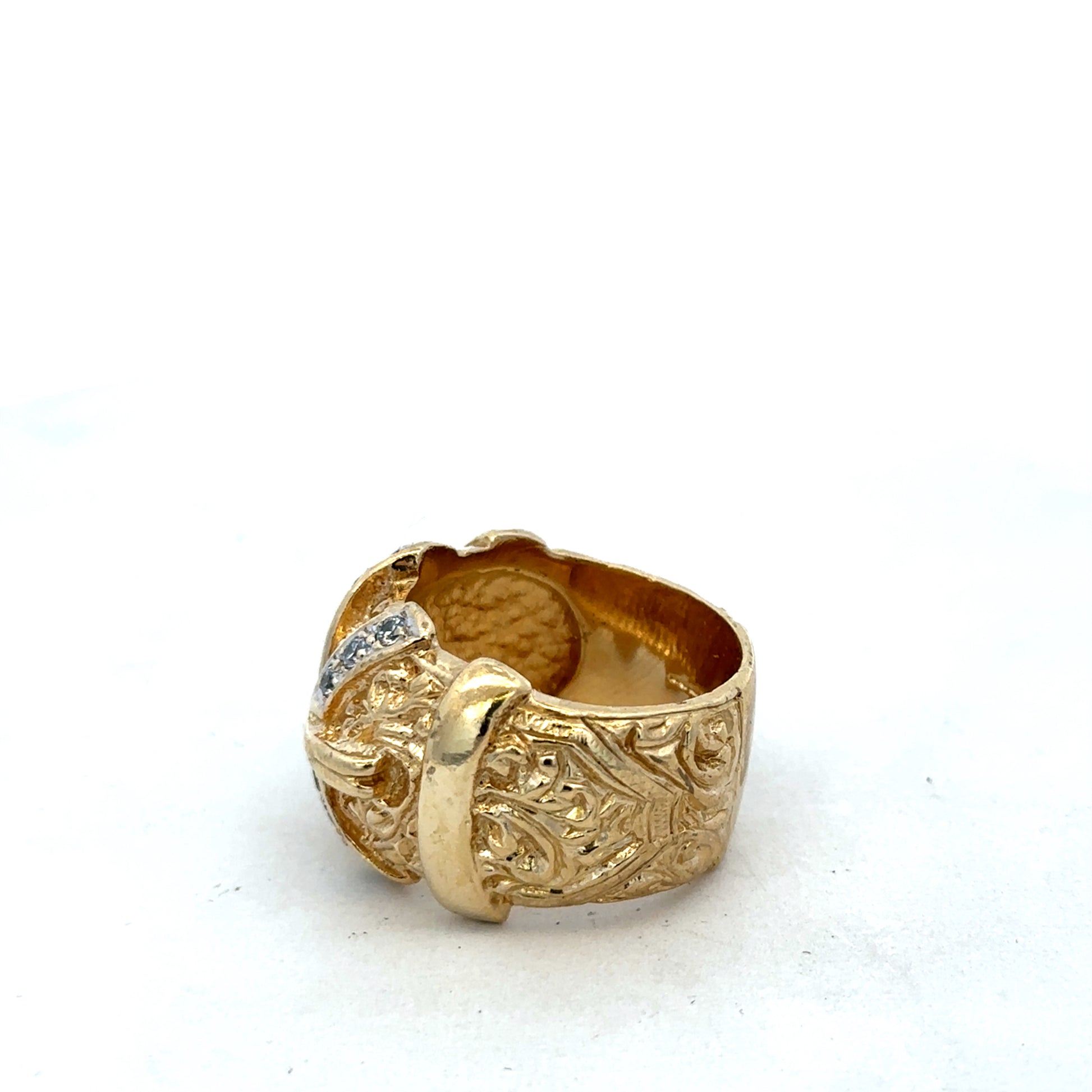 9ct yellow gold buckle ring size Y from Reeves and Sons displayed on a plain background.