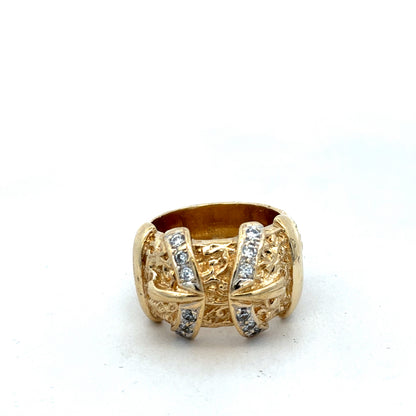 9ct yellow gold buckle ring in size Y, Reeves and Sons, showcasing a detailed design with a polished finish.