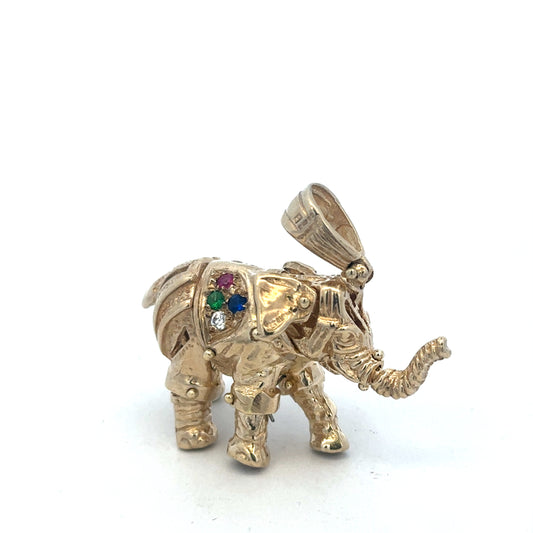 9ct yellow gold elephant pendant from Reeves and Sons, showcasing detailed craftsmanship and polished finish.