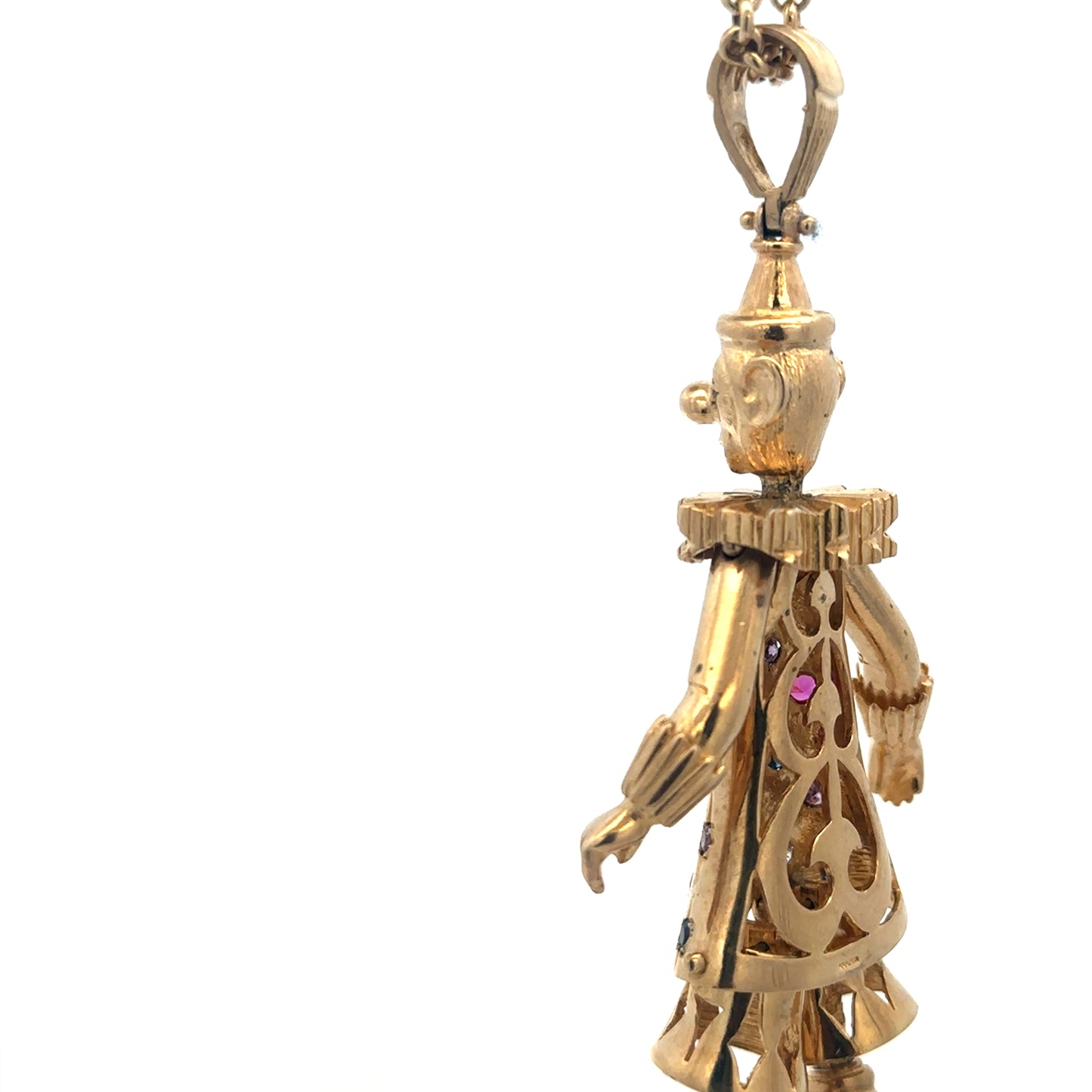9ct yellow gold clown pendant with detailed design, weighing 42.5g, crafted by Reeves and Sons.