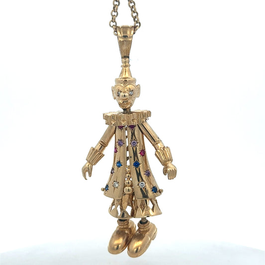 9ct yellow gold clown pendant with detailed design, weighing 42.5g, crafted by Reeves and Sons.