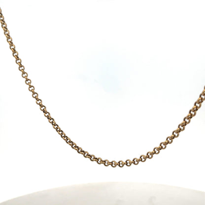 9ct yellow gold belcher chain, Reeves and Sons, 13.4g, close-up of shiny gold chain with linked oval design.