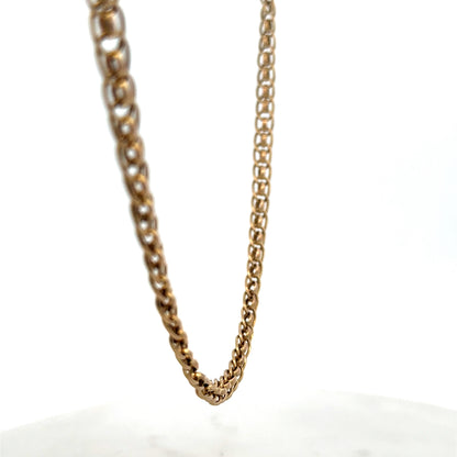 9ct yellow gold double linked chain weighing 7.9g, shown with close-up of intricate links, crafted by Reeves and Sons.