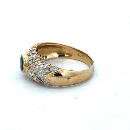 18ct yellow gold diamond ring in size P with sparkling diamonds, crafted by Reeves and Sons.