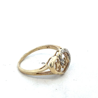9ct yellow gold MUM ring in size N with engraved design, featuring a smooth band and polished finish by Reeves and Sons