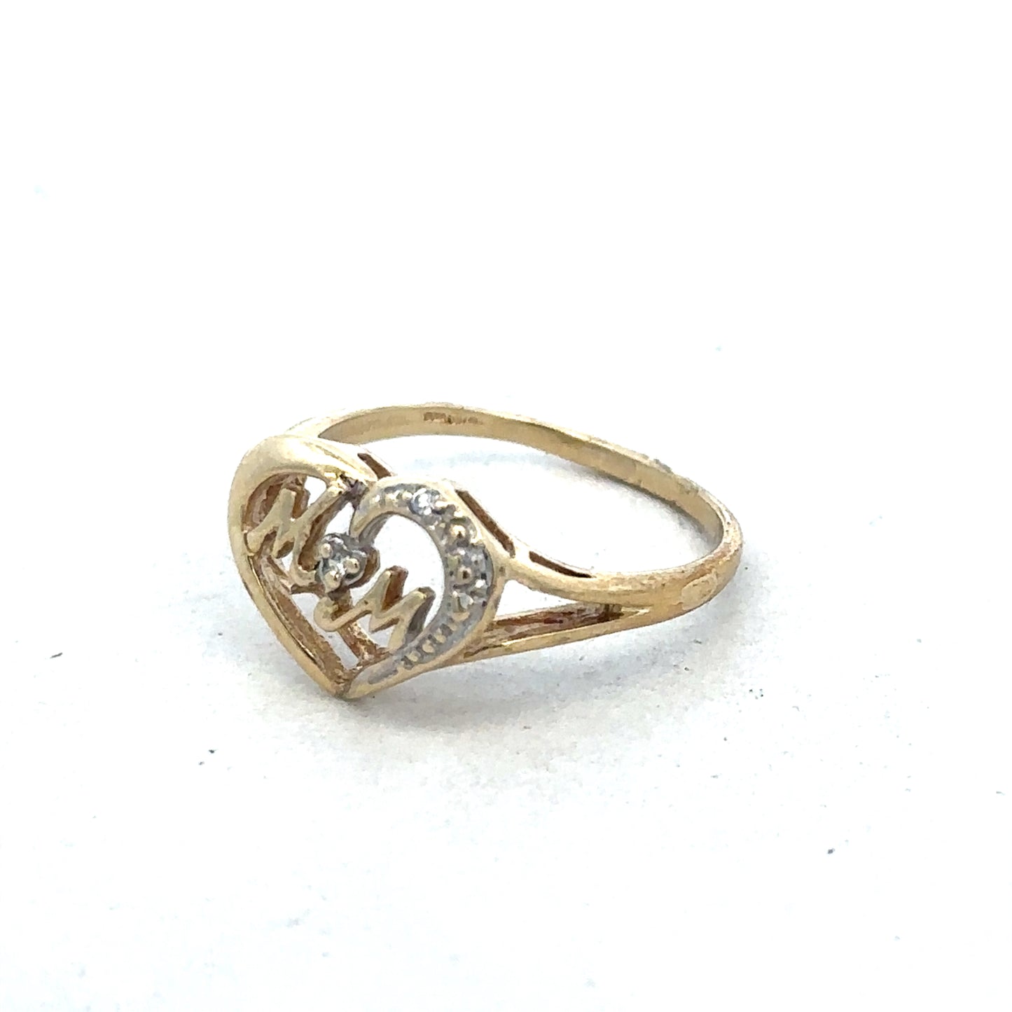 Yellow gold MUM ring in size N by Reeves and Sons, featuring a polished band with engraved lettering.