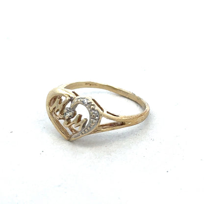 Yellow gold MUM ring in size N by Reeves and Sons, featuring a polished band with engraved lettering.
