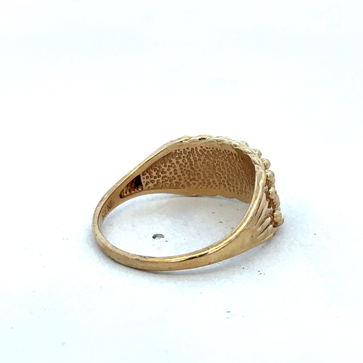 9ct yellow gold keeper ring in size W with a smooth band, crafted by Reeves and Sons.
