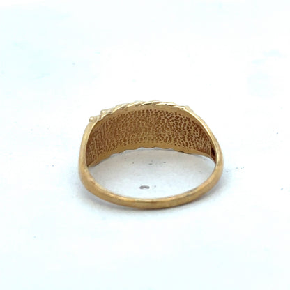 9ct yellow gold keeper ring size W from Reeves and Sons, close-up showing smooth band and polished finish.