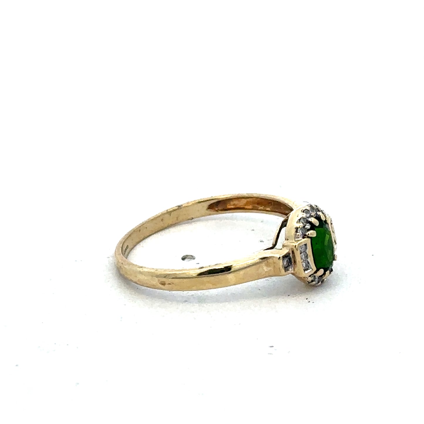 9ct yellow gold emerald and diamond ring, size R, featuring a central emerald gemstone and sparkling diamonds, by Reeves and Sons.