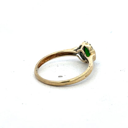 9ct yellow gold emerald and diamond ring with size R, featuring a central emerald gemstone and sparkling diamonds by Reeves and Sons