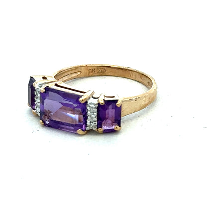 9ct yellow gold amethyst and diamond ring in size N, featuring a central purple gemstone and sparkling accents, by Reeves and Sons
