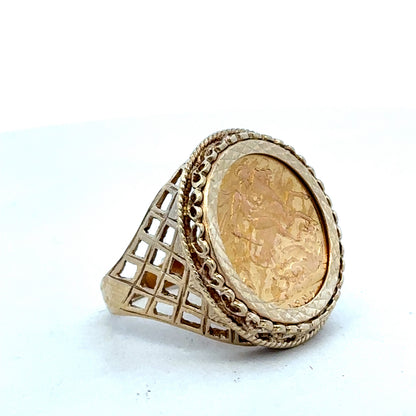 9ct yellow gold sovereign ring with 1897 full sovereign engraving, size X, by Reeves and Sons, featuring detailed coin design.
