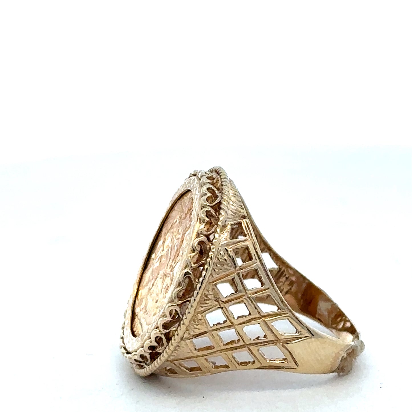 9ct yellow gold sovereign ring by Reeves and Sons, full sovereign design in size X, detailed gold craftsmanship.
