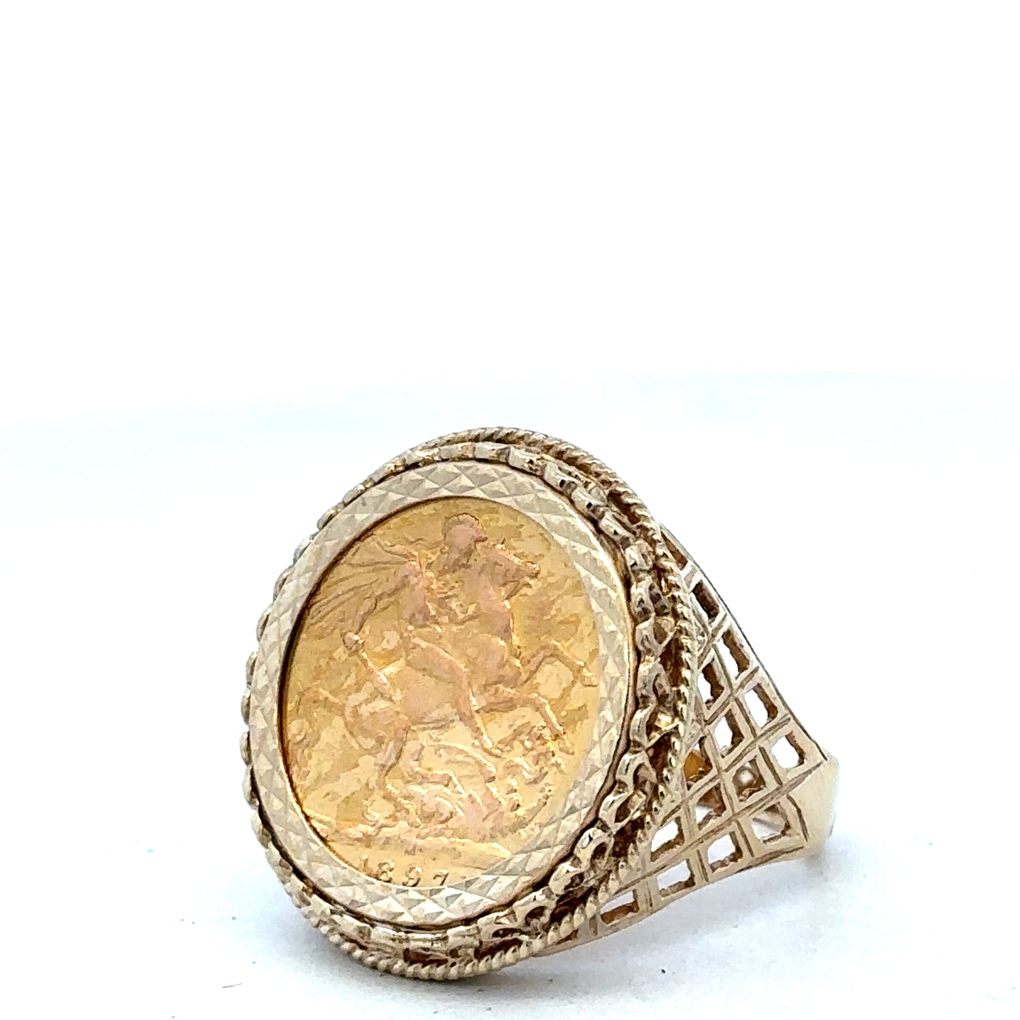 9ct yellow gold sovereign ring with 1897 full sovereign design, size X, by Reeves and Sons, featuring detailed coin engraving.