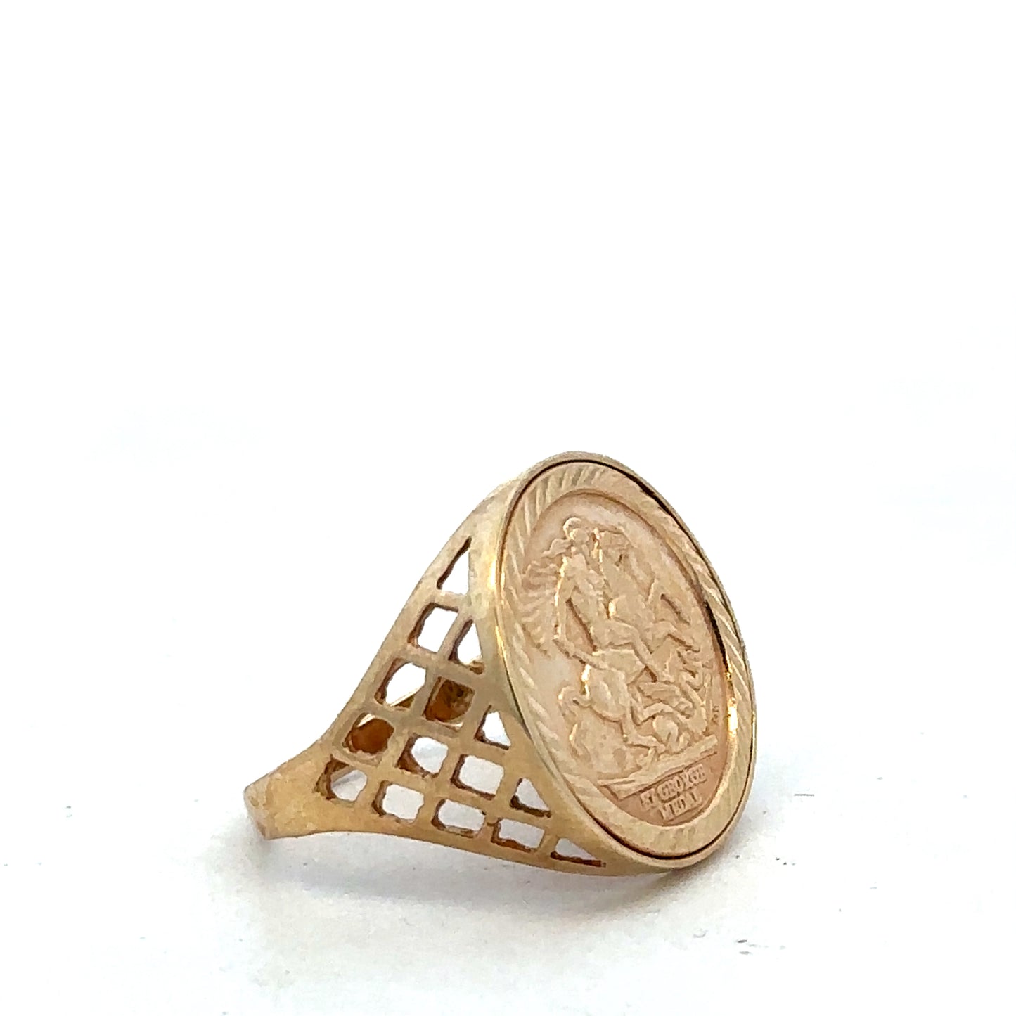 9ct yellow gold St George ring in size V by Reeves and Sons, showcasing detailed design and polished finish.