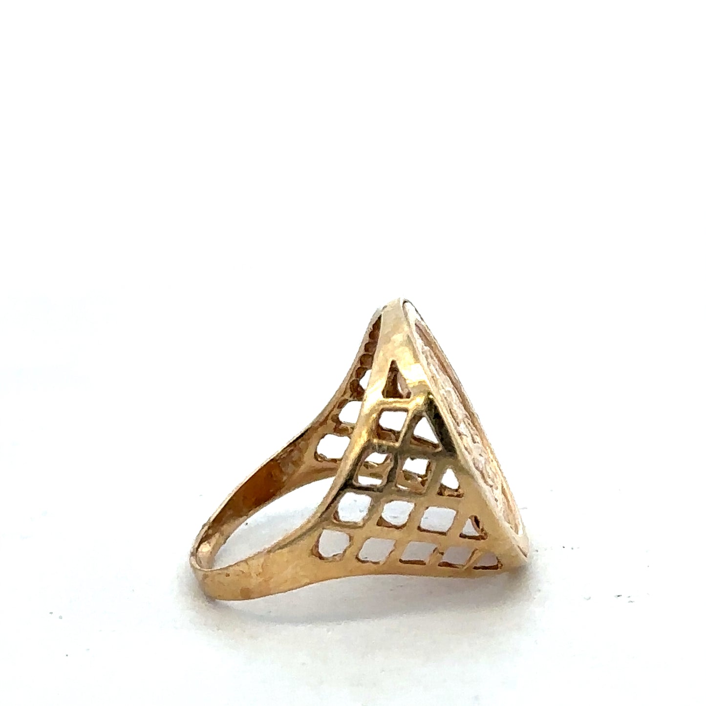 9ct yellow gold St George ring in size V with detailed engraved design, crafted by Reeves and Sons.
