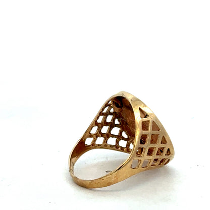 9ct yellow gold St George ring in size V with detailed design, crafted by Reeves and Sons.
