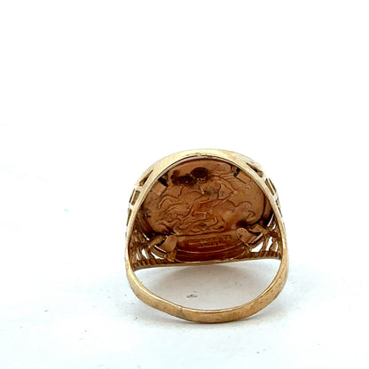 9ct yellow gold St George ring in size V, Reeves and Sons jewelry, featuring a detailed St George design on a polished band