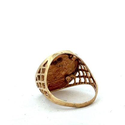 9ct yellow gold St George ring in size V with detailed craftsmanship, featuring a classic design by Reeves and Sons.