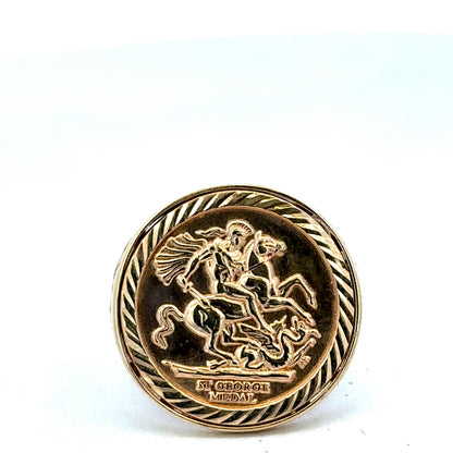 9ct yellow gold St George ring in size V, featuring detailed craftsmanship, by Reeves and Sons.