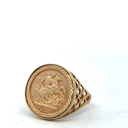 9ct yellow gold St George ring in size V with detailed engravings, crafted by Reeves and Sons.