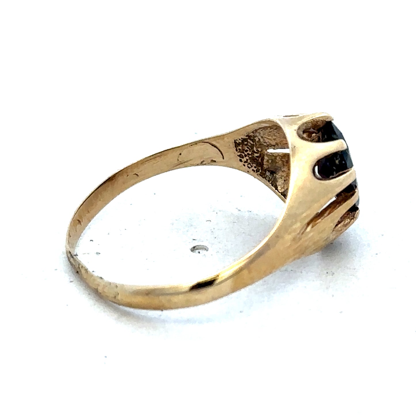 9ct yellow gold ring in size V with a smooth band, crafted by Reeves and Sons, displayed on a neutral background.