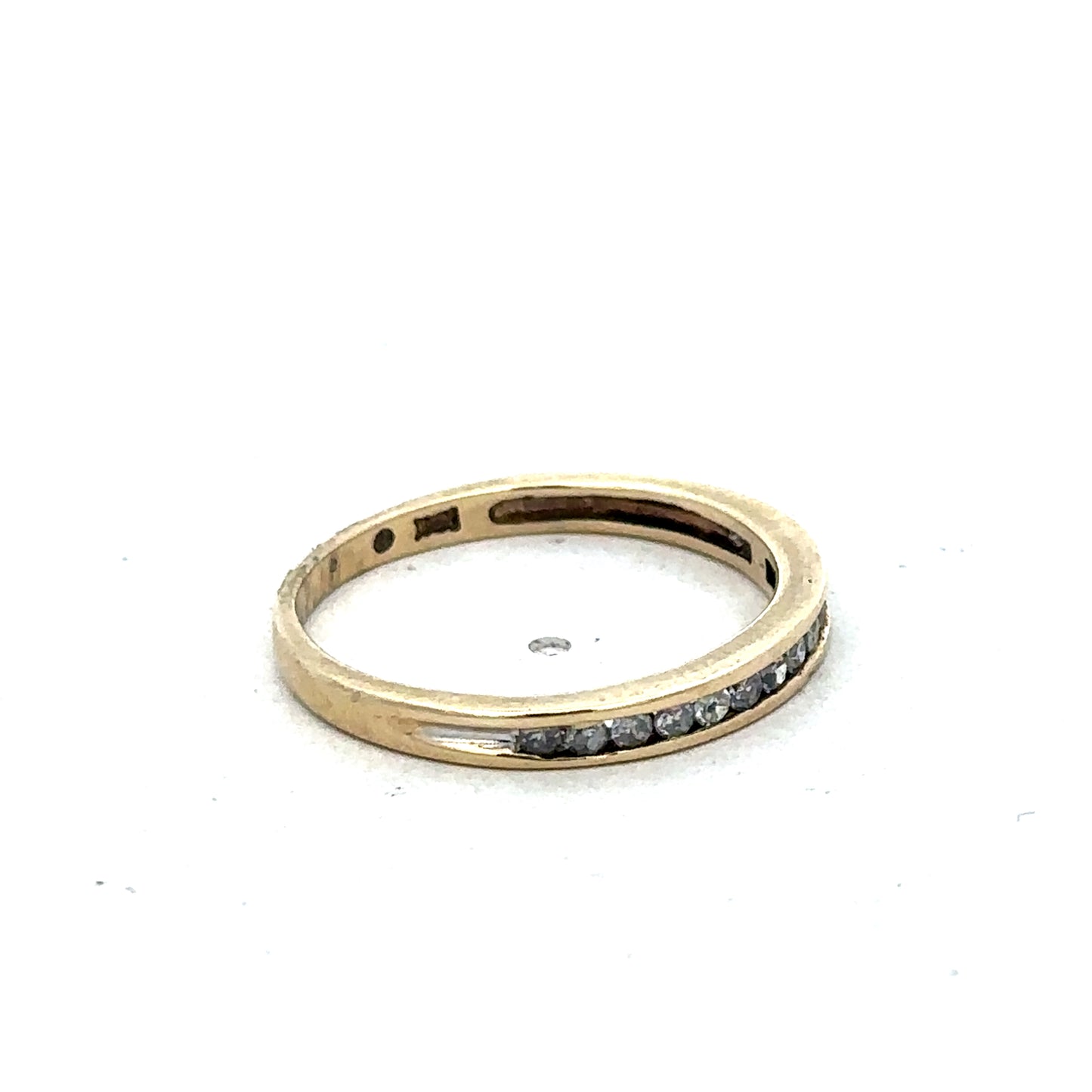 9ct yellow gold diamond half eternity ring with small sparkling diamonds, size N, by Reeves and Sons.