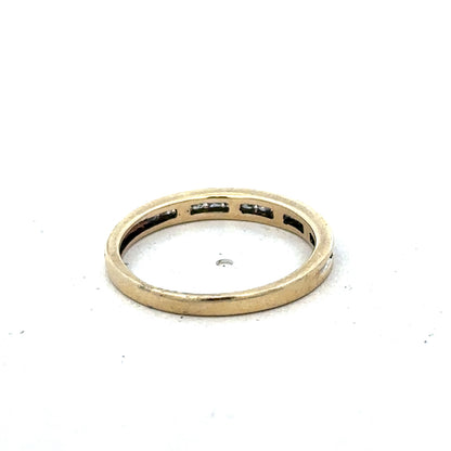 9ct yellow gold diamond half eternity ring in size N with sparkling diamonds, crafted by Reeves and Sons.