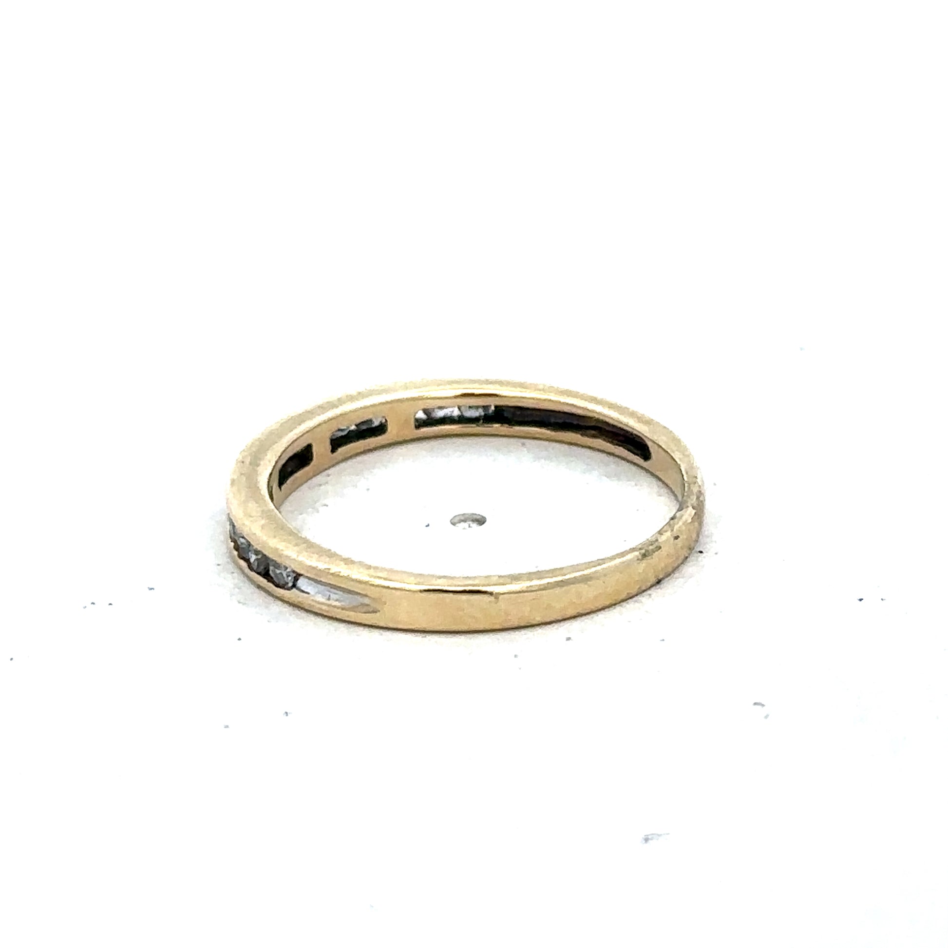 9ct yellow gold diamond half eternity ring, size N, with sparkling diamonds, crafted by Reeves and Sons.