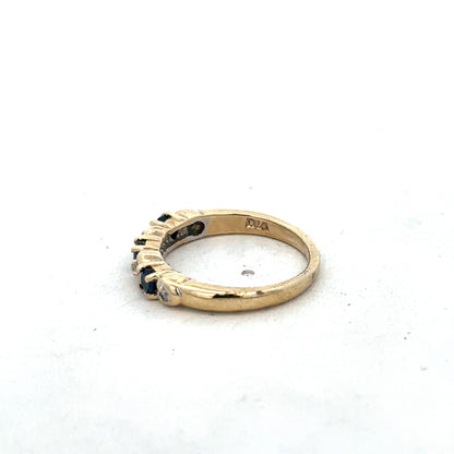 9ct yellow gold sapphire and diamond ring size M 1/2, featuring a gold band with a central sapphire and diamond accents.