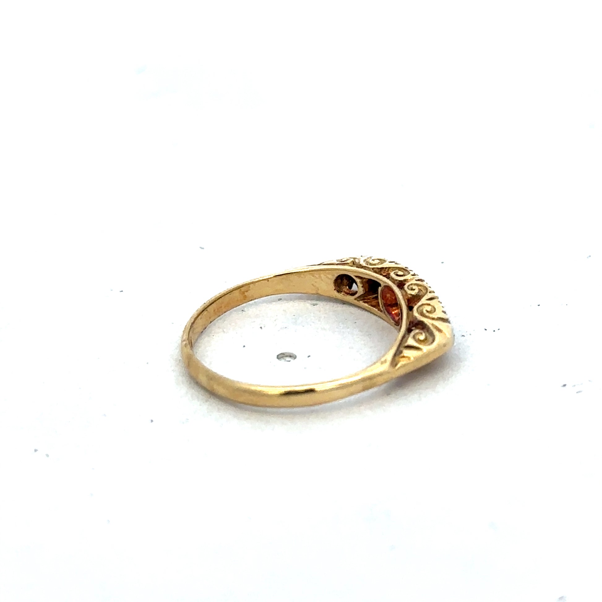 18ct yellow gold diamond ring with intricate design, size L1/2, by Reeves and Sons, shown on a neutral background