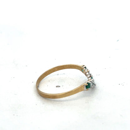 9ct yellow gold emerald and diamond ring with intricate band design, size O½, by Reeves and Sons.