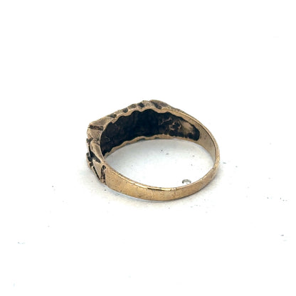 9ct yellow gold diamond signet ring in size S1/2 with engraved design, crafted by Reeves and Sons.