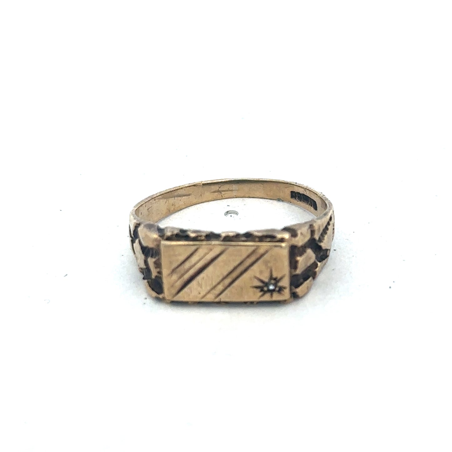 9ct yellow gold diamond signet ring with engraved design, size S1/2, by Reeves and Sons, shown with detailed close-up.