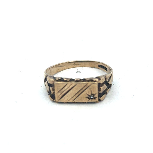 9ct yellow gold diamond signet ring with engraved design, size S1/2, by Reeves and Sons, shown with detailed close-up.