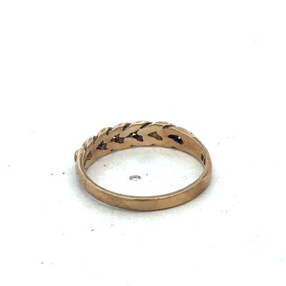 9ct yellow gold keeper ring in size K with a simple band design, crafted by Reeves and Sons.