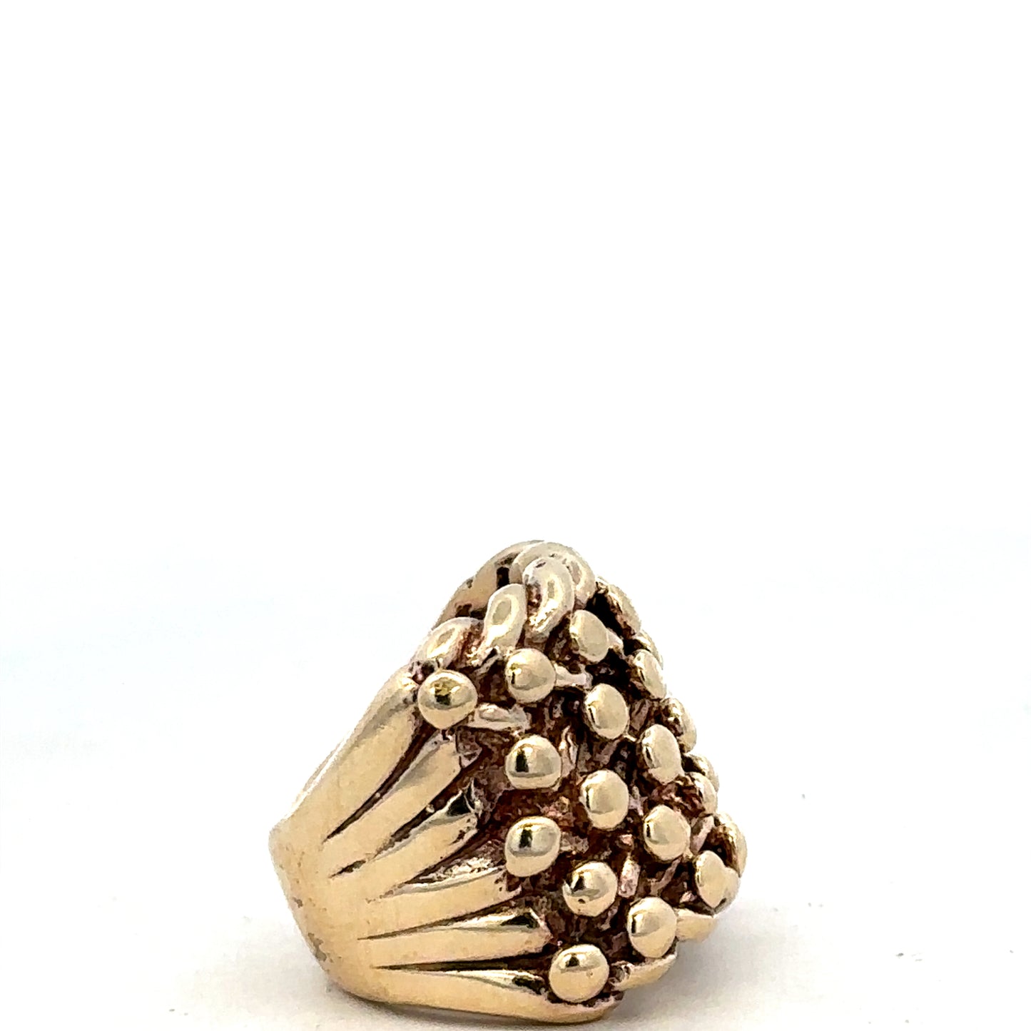 9ct yellow gold keeper ring in size P1/2 with engraved design by Reeves and Sons, shown on a plain background.
