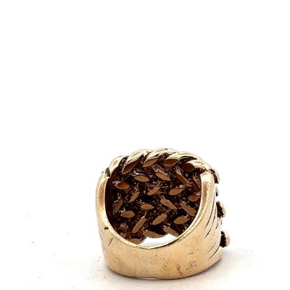 9ct yellow gold keeper ring size P1/2 with a smooth band, designed by Reeves and Sons, shown close-up on a plain background.