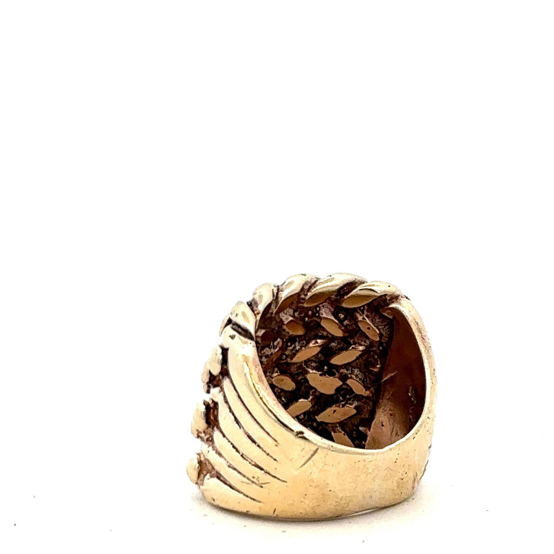 9ct yellow gold keeper ring size P1/2 by Reeves and Sons, close-up of polished gold band with engraved details.