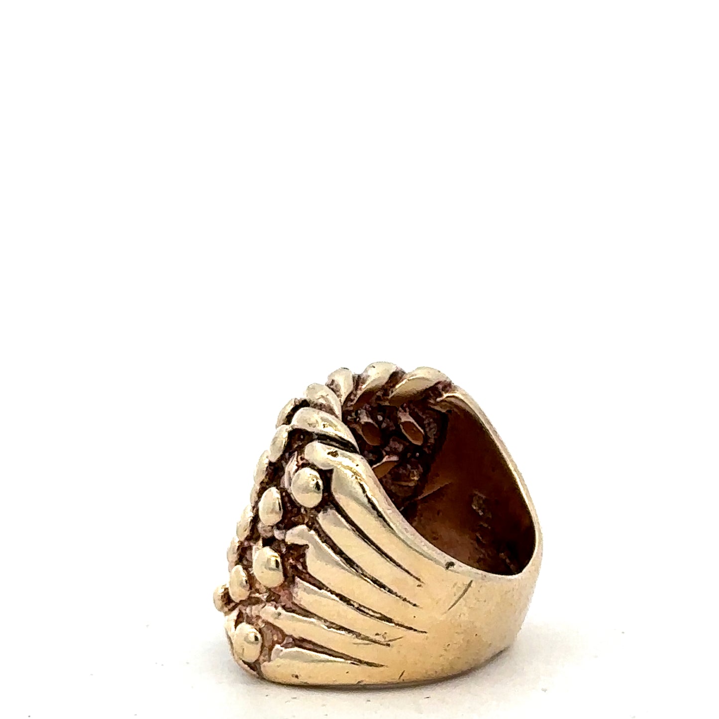 9ct yellow gold keeper ring size P1/2 by Reeves and Sons, close-up showing detailed band and polished finish.