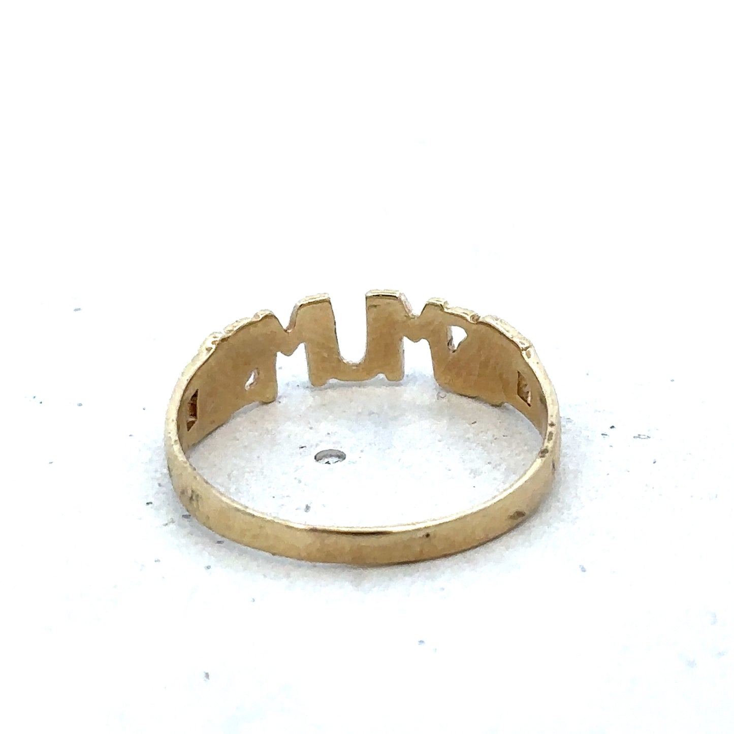9ct yellow gold MUM ring in size O by Reeves and Sons, featuring a sleek band and elegant design.