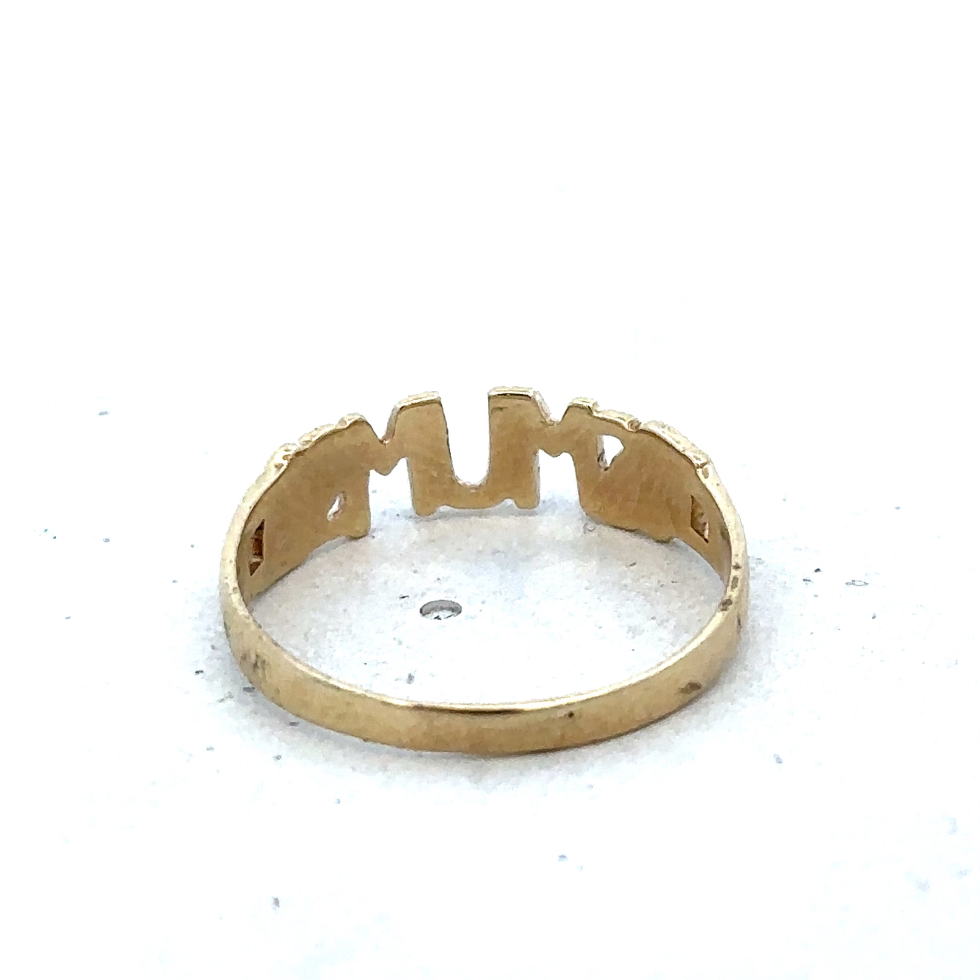 9ct yellow gold MUM ring in size O by Reeves and Sons, featuring a sleek band and elegant design.