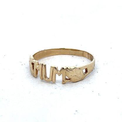 9ct yellow gold MUM ring in size O by Reeves and Sons, featuring a polished gold band with engraved lettering.