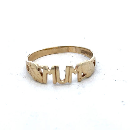 9ct yellow gold MUM ring with engraved detail, size O, by Reeves and Sons, shown close-up on a plain background.