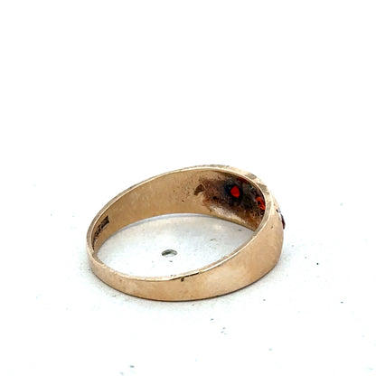 9ct yellow gold garnet ring in size N with a polished finish, featuring a deep red garnet gemstone set in the Reeves and Sons ring.