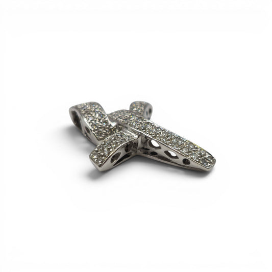18ct white gold diamond abstract cross pendant with sparkling diamonds, crafted by Reeves and Sons.